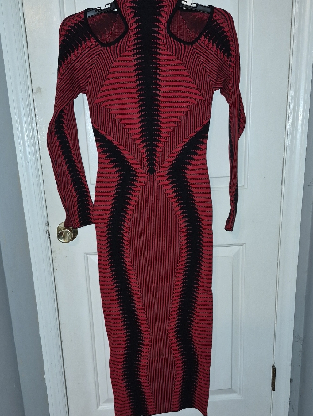 Fashion Nova Too Saucy Midi Red and Black Geometric Long Sleeve  Sweater Dress L